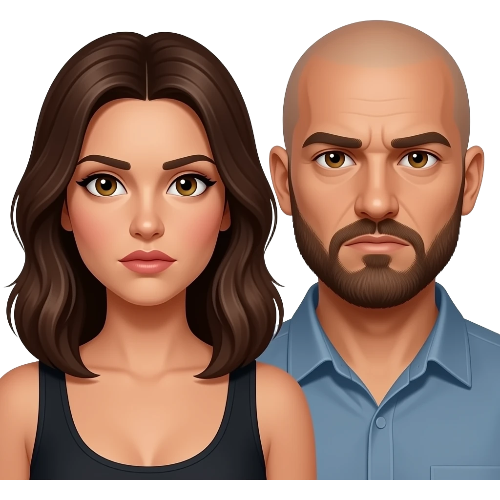 A really sad but angry Latino husband with medium length hair and beard and tattoos found out his wife was cheating on him with a bald, red bearded guy, and his wife is beautiful with hazel eyes and shoulder length brown hair and their relationship is broken emoji
