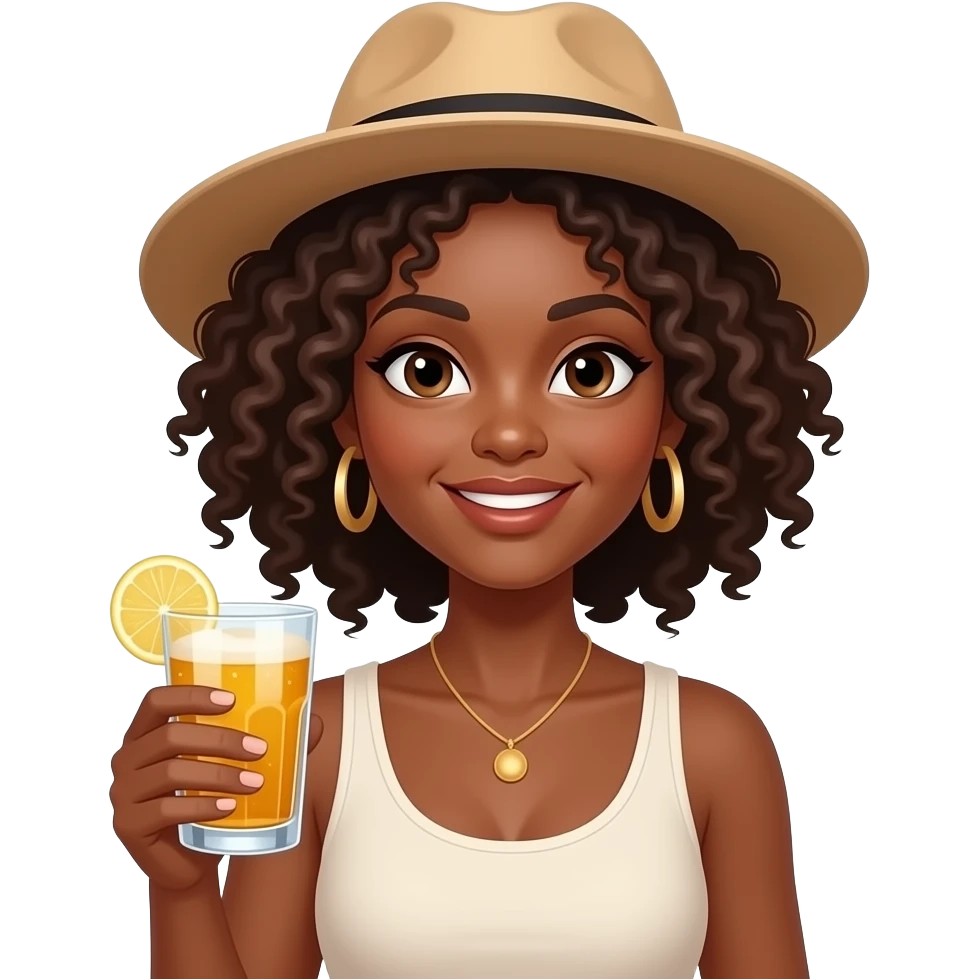 afro lady with brown hairs wear hat and hold drink in left hand straight front view emoji