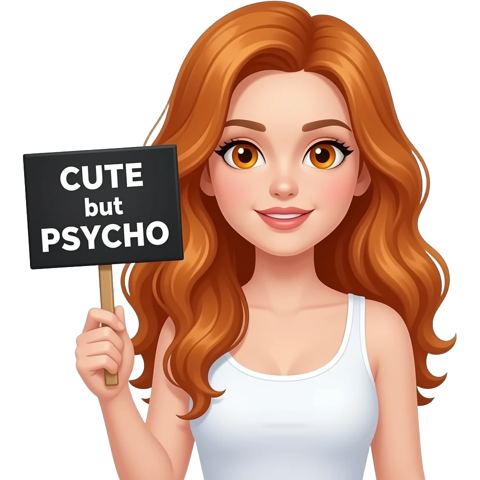 sexy girl with long wavy ginger hair and ginger eyes wearing a white tanktop is holding a black colored sign with CUTE but PSYCHO written on it emoji