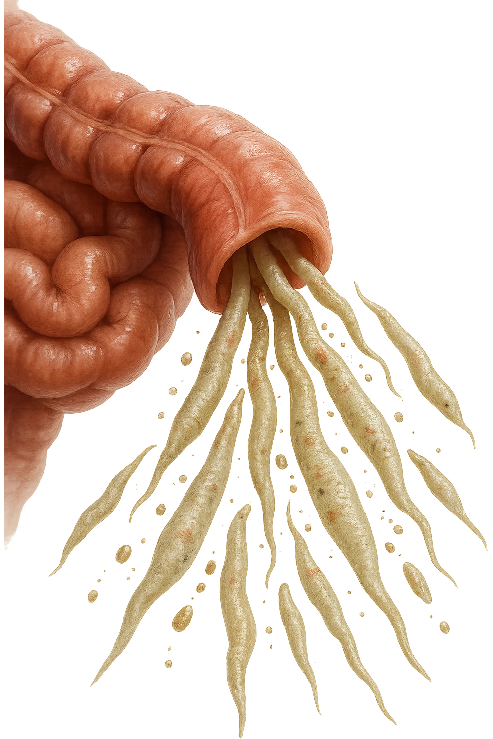 Realistic medical image of microscopic parasites leaving the intestines after taking natural kinesiological drops, symbolizing detox and cleansing. emoji