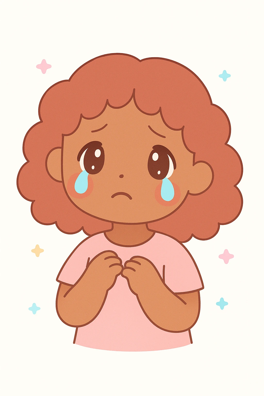menina parda, cabelo cacheado avermelhado até os ombros, chorando, estilo anime emotivo emoji
