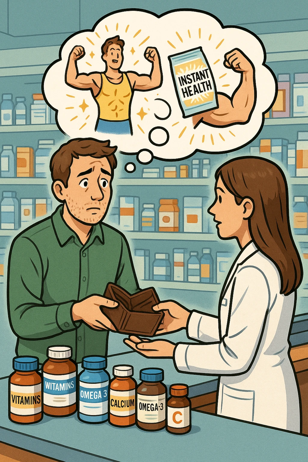 a man stands at a pharmacy counter, handing over a nearly empty wallet to the cashier while the counter is filled with bottles of supplements and vitamins. His expression is hopeful but slightly anxious. In the background, a thought bubble shows exaggerated images of instant health and fitness, symbolizing unrealistic expectations.  emoji