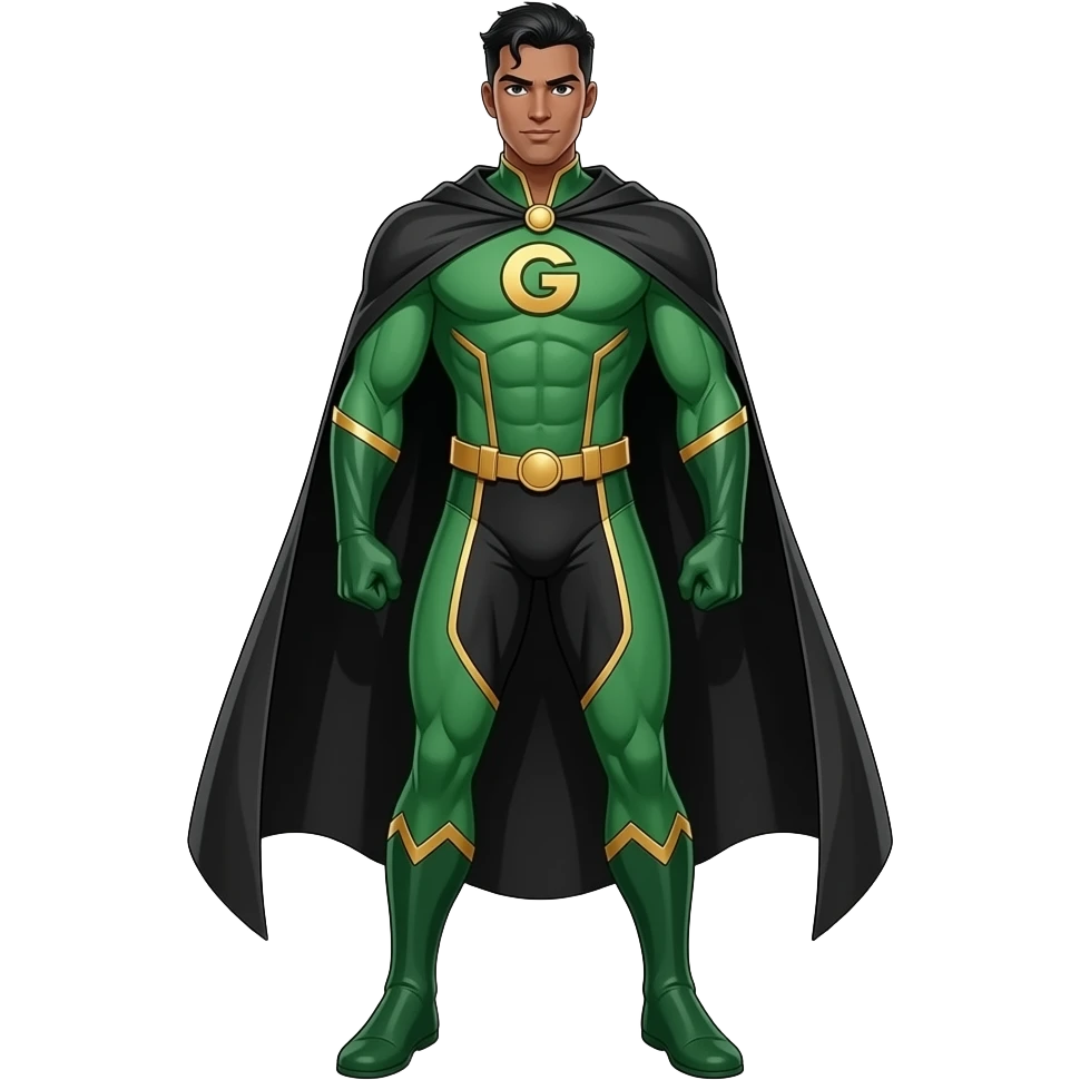 Anime superhero suite black men green and gold lines long black cape and letters G on the suite very tall full body emoji