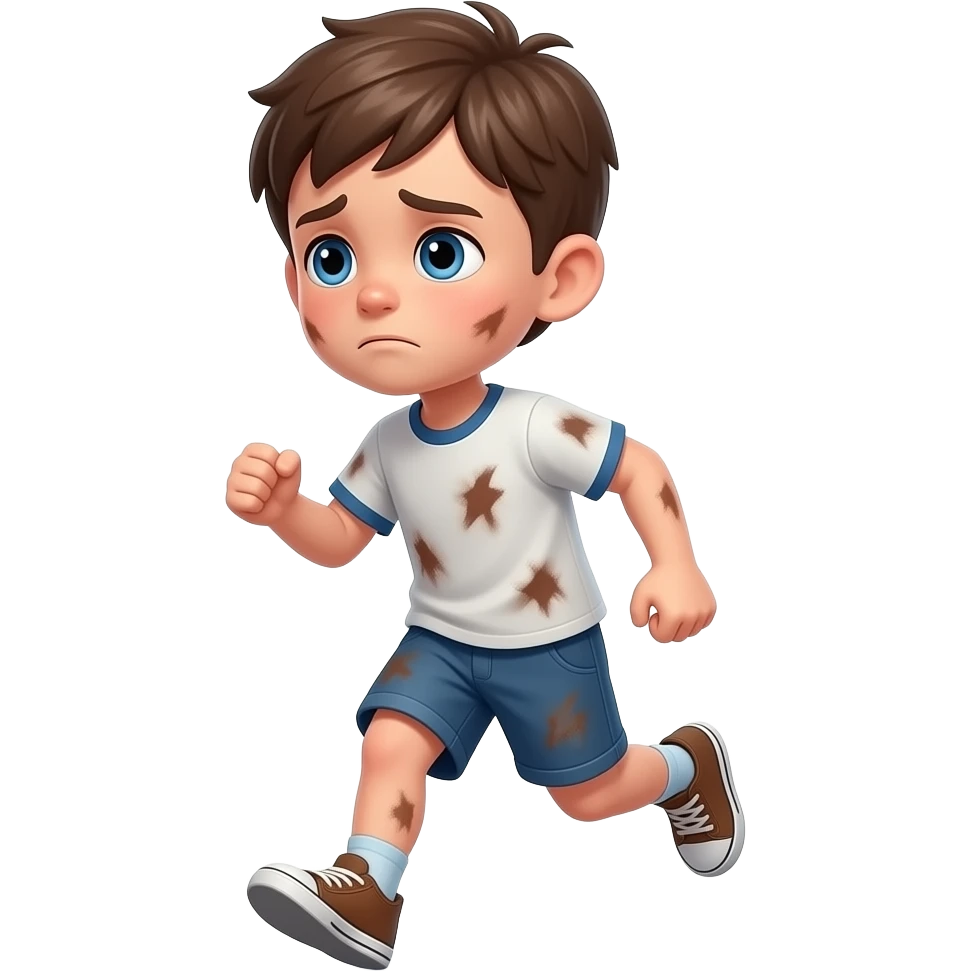 un chico con los ojos hazules i el pelo castaño. Tiene 5 años i esta cansado . tiene la ropa manchada esta corriendo emoji