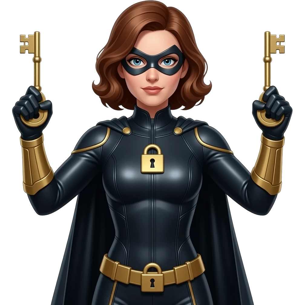Lady Locksmith superhero, woman with hands made of metallic keys, elegant but powerful, glowing key fingers, sleek suit with lock motifs, confident stance, subtle shine, high detail, cinematic lighting emoji