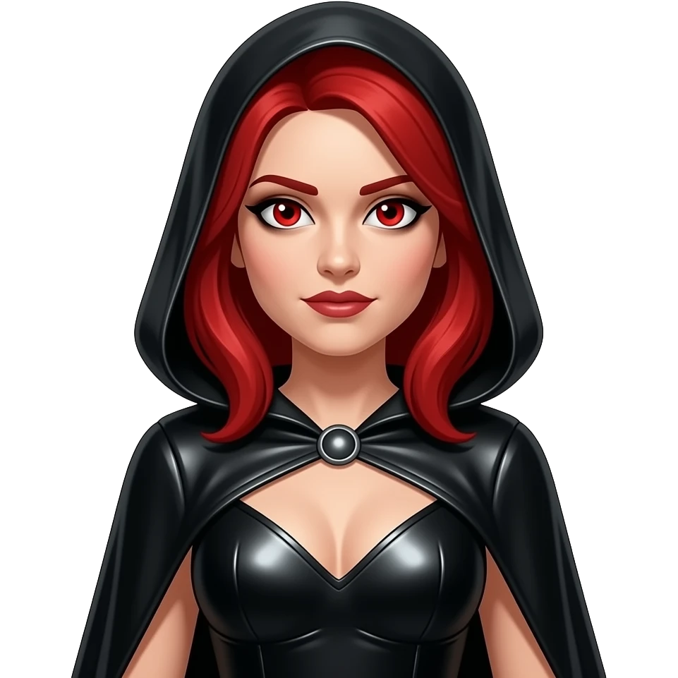 Sarah Brown from Horror Film Heroes and Villains with red and white eyes, medium red hair, black metallic caftan dress emoji