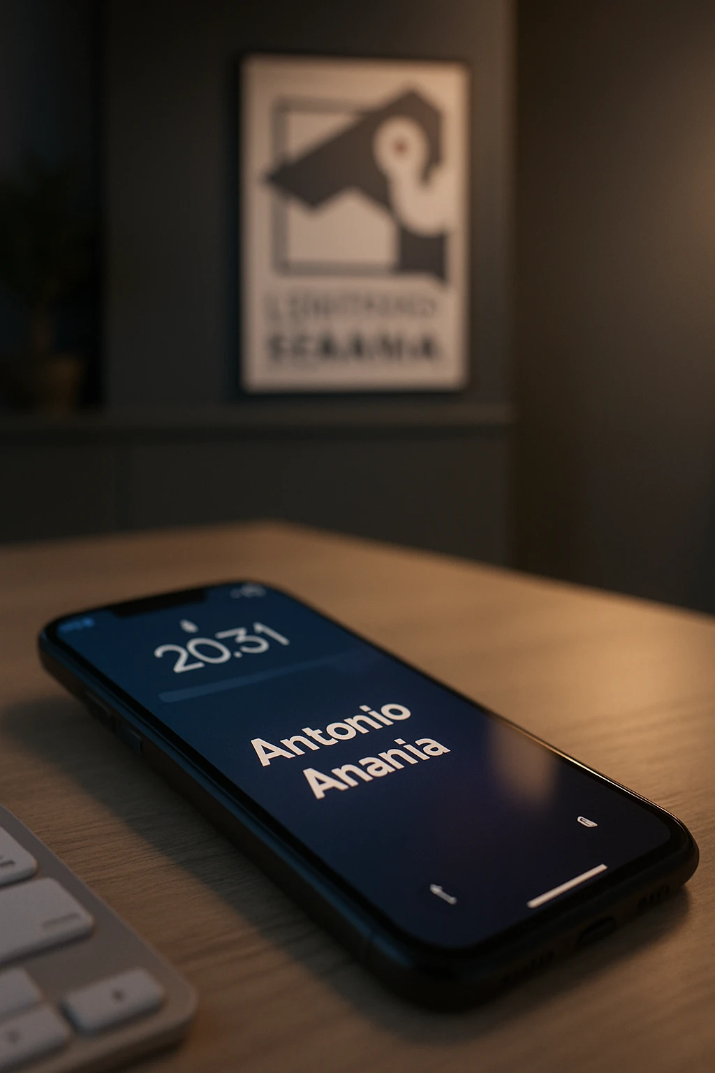 A photo of an iPhone with the message "Antonio Anania" on its scree, both surrounded by soft light and shadow. The phone sits atop a desk with a blurred background that suggests work environment. A faint glow from above casts gentle shadows across the surface of each object, creating depth and highlighting their textures. emoji