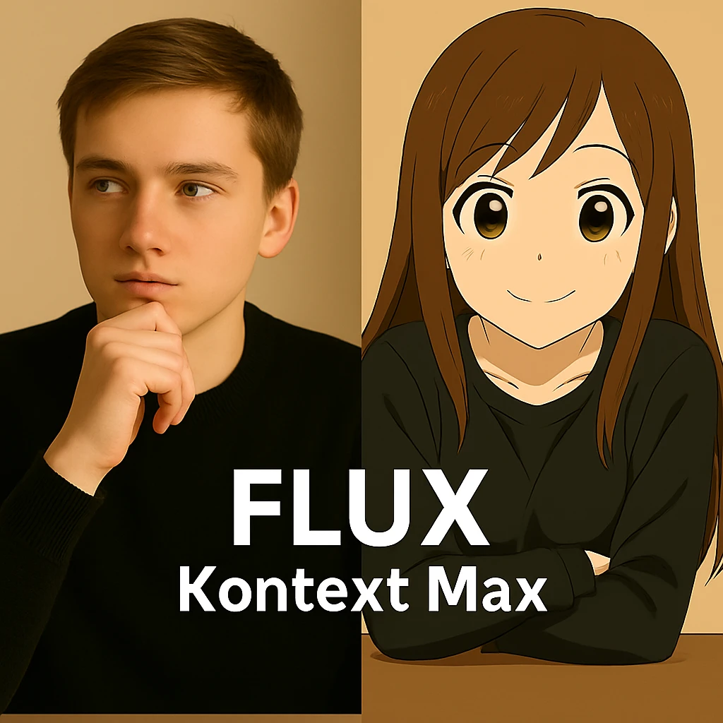 same similar image but chnage the text to "Flux Kontext Max", change people and pose too emoji