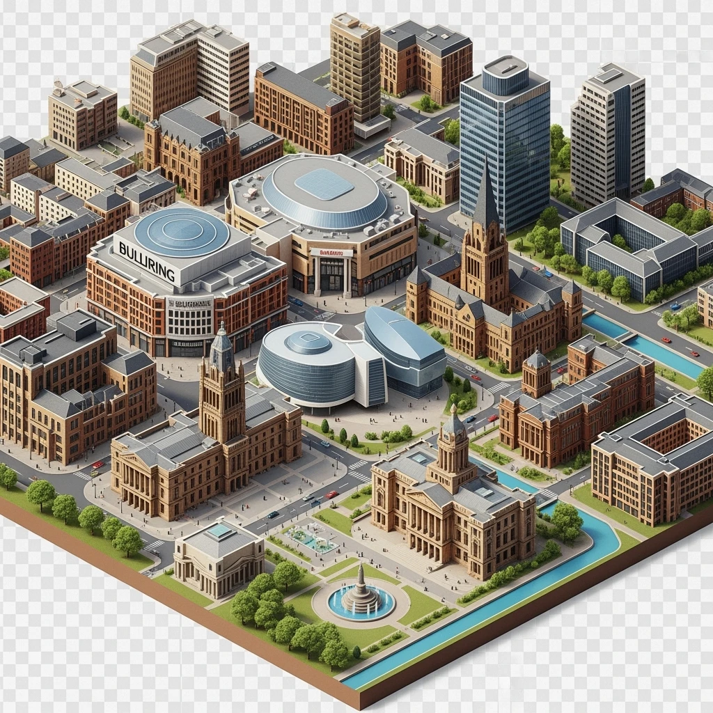 Isometric illustration-model of Birmingham with photorealistic main attractions, balanced between stylized and realistic, 3D miniature effect, transparent background. emoji