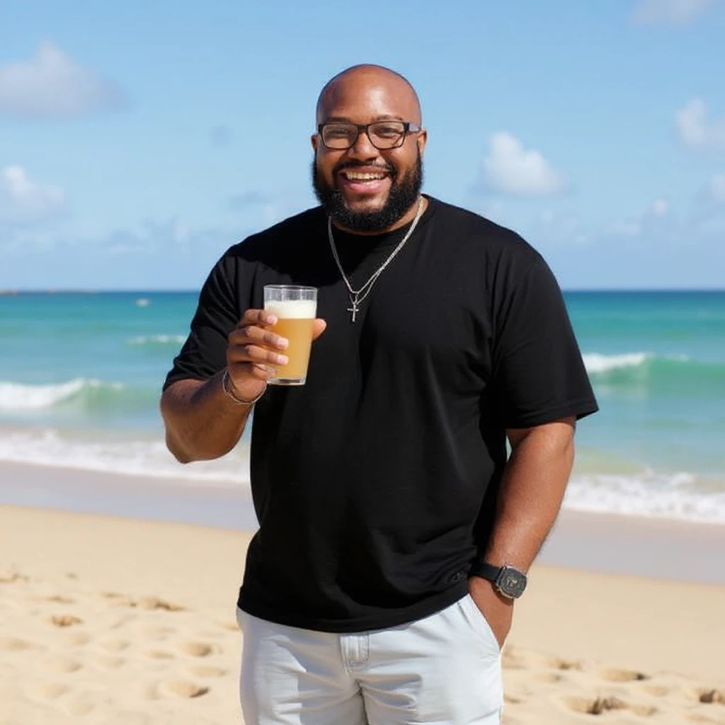take this picture of a man and make it  beach photo with drink emoji