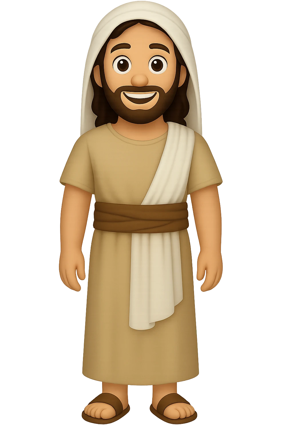 Create a centered full body image of Apostle Peter in classic emoji style. He is facing straight, smiling, wearing a robe with a brown sash and head covering as in the reference image, but with long sleeves. No background. emoji