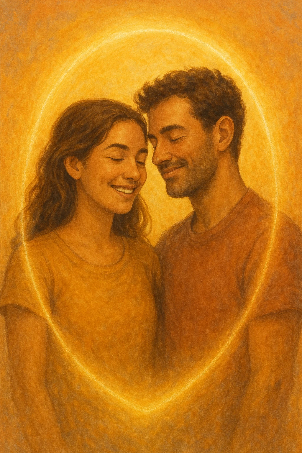 Vertical format: smiling woman and man in harmony, surrounded by a glowing aura that unites them, serene atmosphere with warm colors, no shadow of problems. emoji