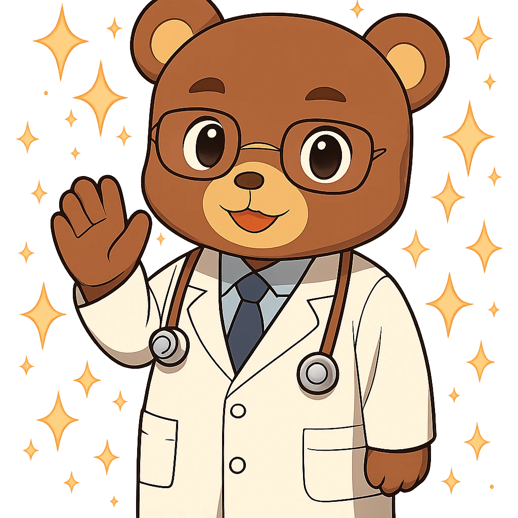 Add magical sparkles around the chibi bear as a doctor. Keep the image with no background. emoji