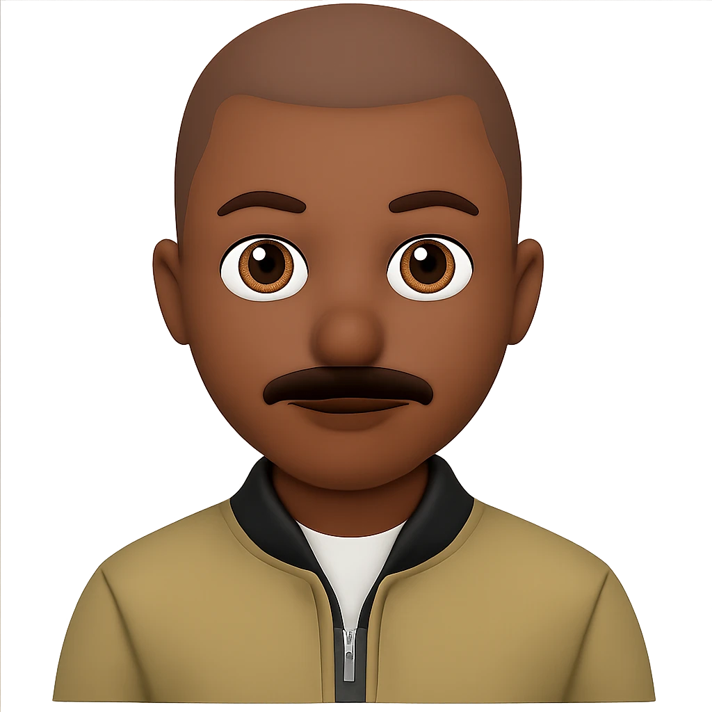 Add a moustache to the brown person with a buzzcut. Keep the background transparent. Maintain the original style and appearance of the person. emoji