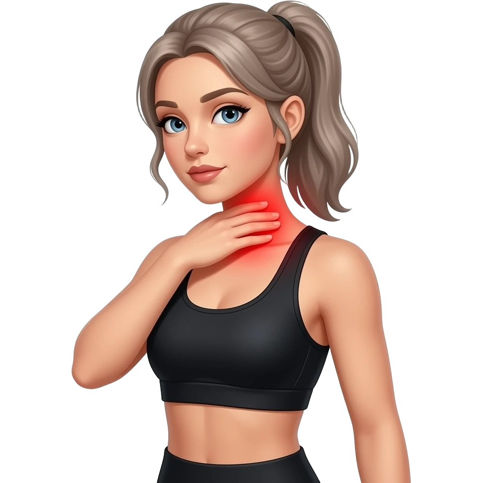 back neck pain, red glow on neck, woman touching her neck, fair-skinned woman, ash light brown hair tied back, slim athletic body, black workout set emoji
