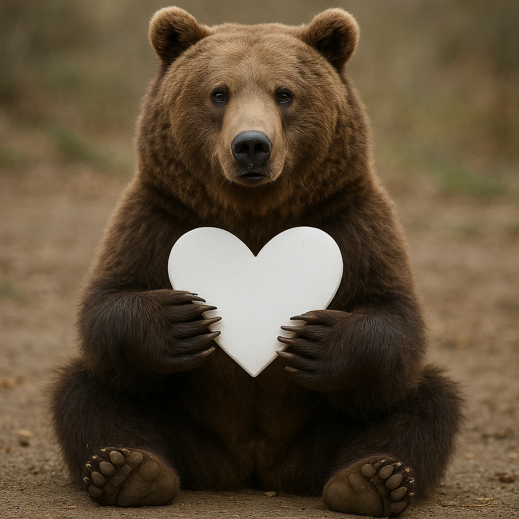 realistic sitting bear holding a white heart emoji