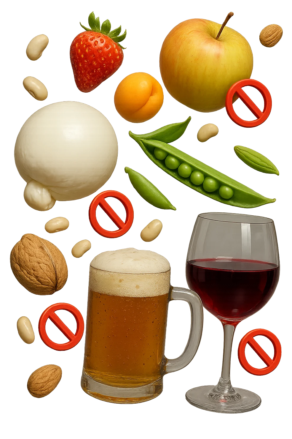 mozzarella, frutta legumi, frutta secca, birra e vino realistici fluttuano in aria con piccoli divieti 3d, IPERREALISTICO 4K emoji