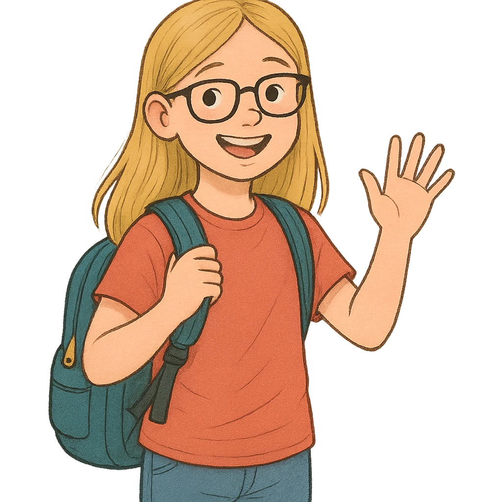 6th grade girl with blonde hair and glasses, waving, wearing a backpack emoji