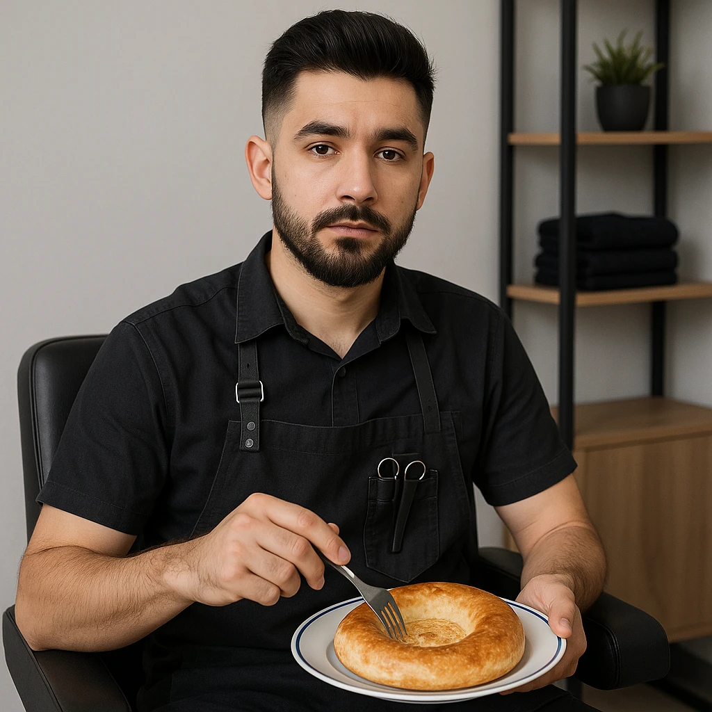 sartarosh xonada sal zamonaviy roq bulsin shunchaki tarelka v vilka ushlab utirsin tarelkada esa faqat uzbekcha non bulsin kayfiyati xam urtacha bulsin xursan bob ketmasin emoji
