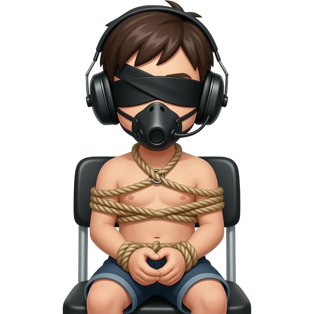 Rope Bondage naked boy blindfolded chair tied muzzle earmuffs emoji