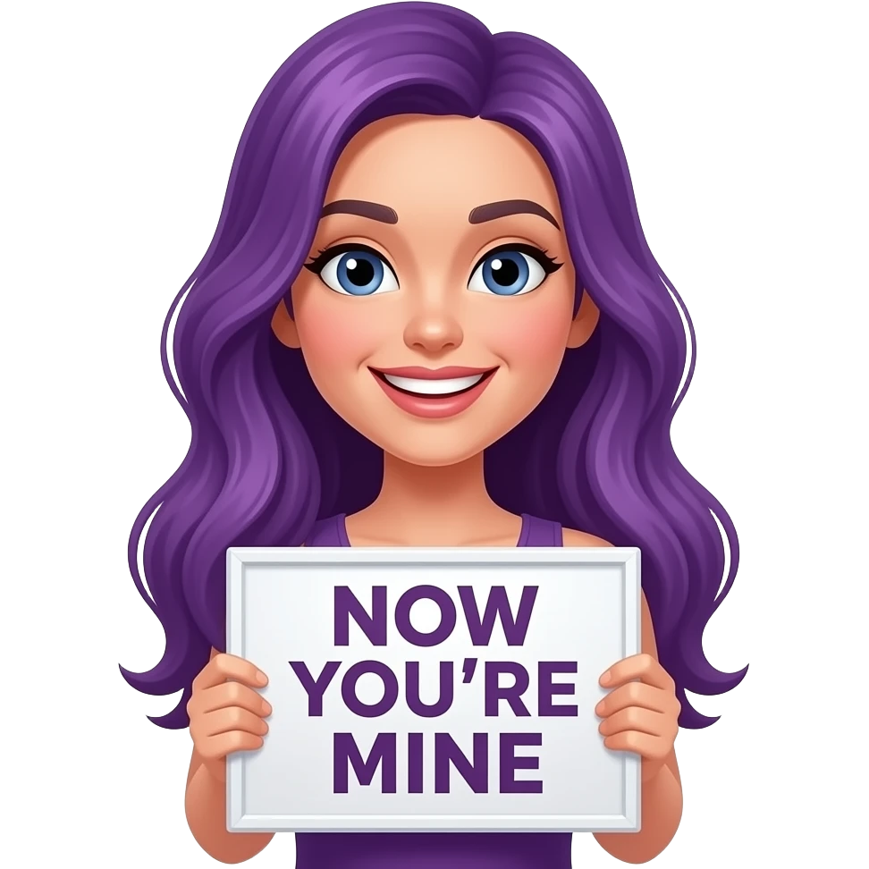 sexy girl with long purple hair holding a NOW YOU'RE MINE sign emoji