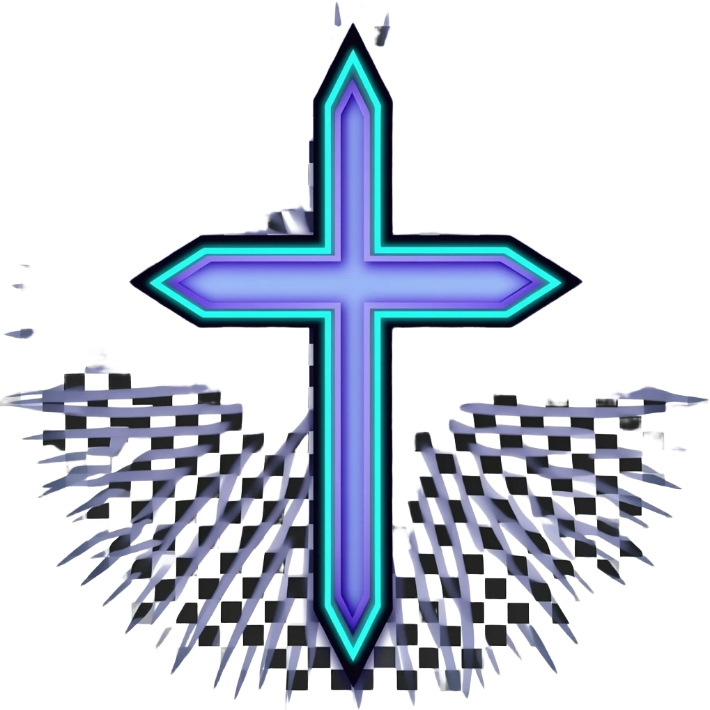 Periwinkle thin christian cross with edgy design with neon details emoji