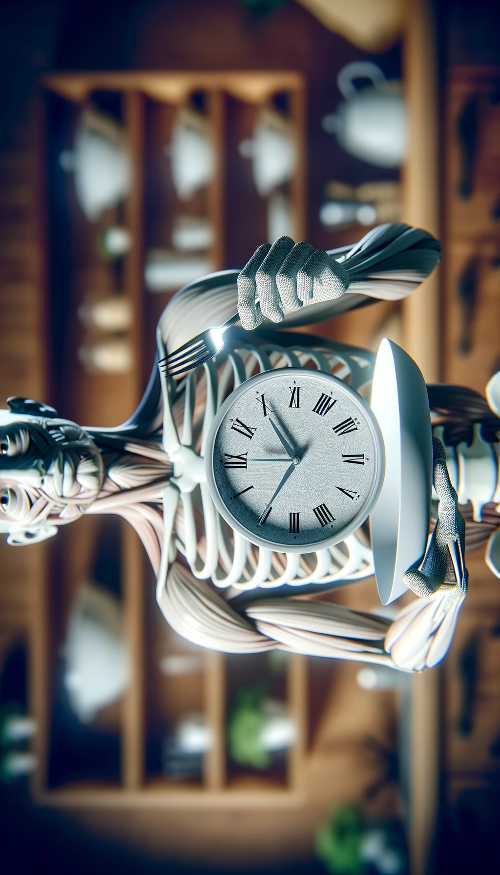 corpo umano anatomico, che tiene in mano un piatto bianco con la lancette di un orologio sopra, figura visibile fino ai fianchi, espressione del volto soddisfatta, sullo sfondo la sua cucina sfocata, iperrealistico 4k emoji