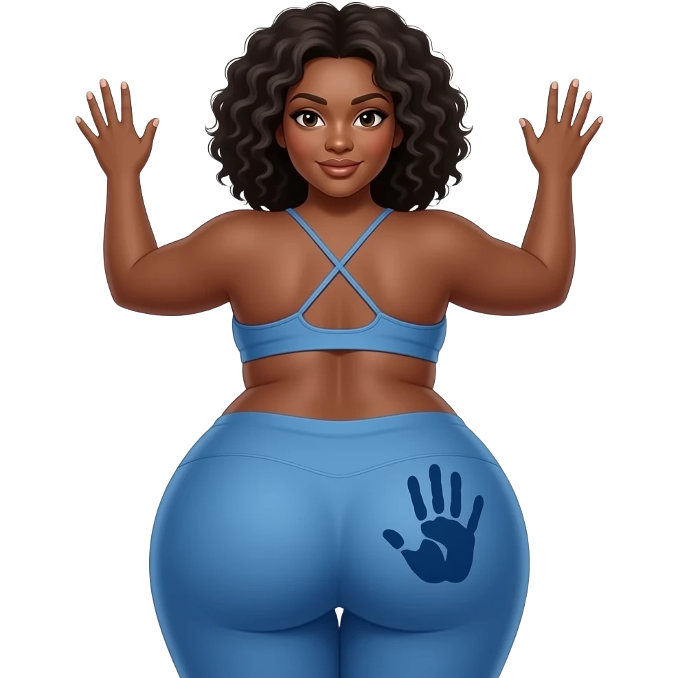 A extremely wide and fat blue big booty African showing her yoga pants back her buttocks with putting her hands behind the wall with a dark blue colored hand print on her left buttocks emoji