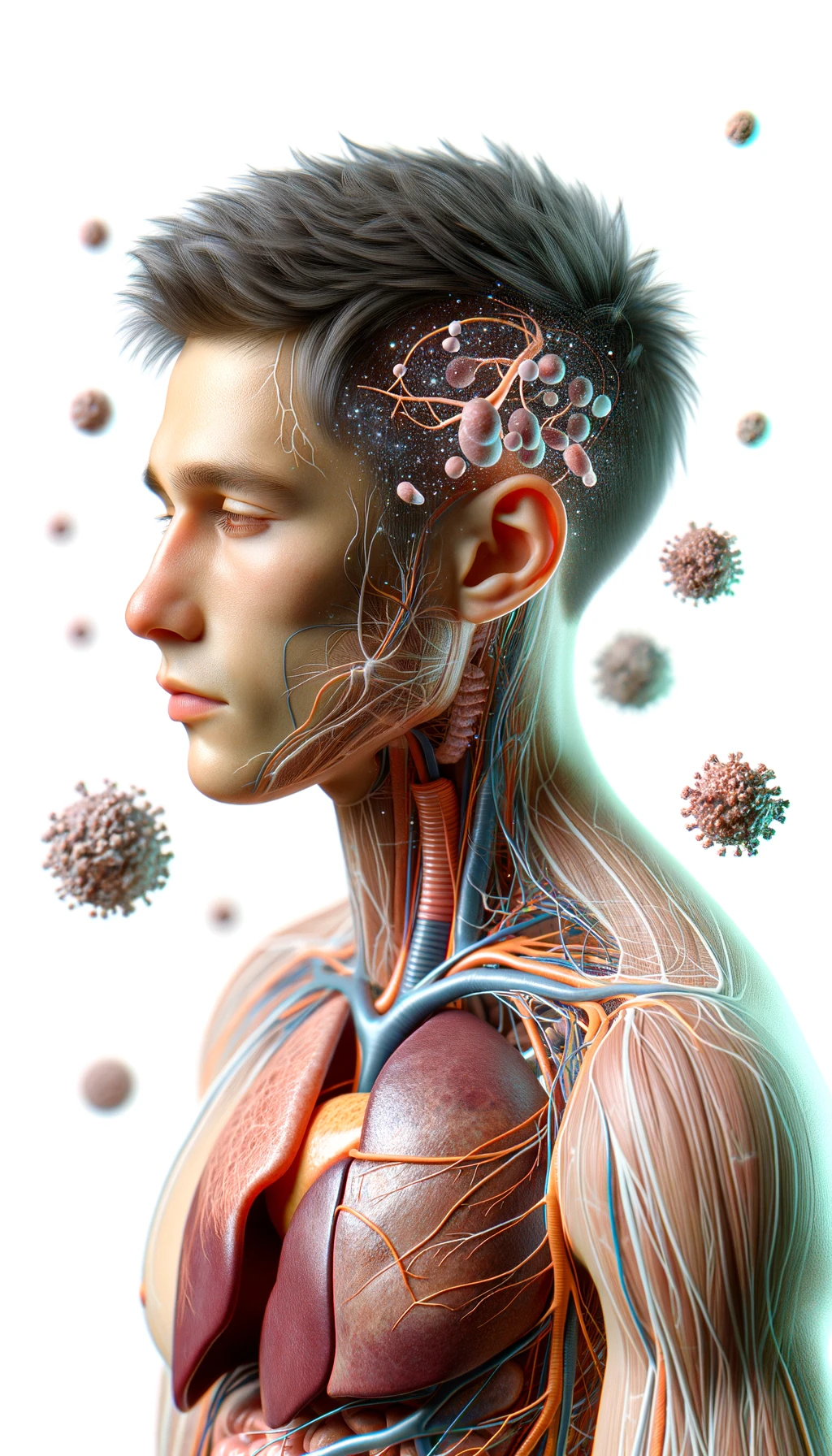 corpo umano anatomico con capelli corti e gli occhi chiusi, intorno a lui fluttuano cellule, fegato in evidenza, ha l'espressione rilassata, visto dal fianco iperrealistica 4k, isolato su sfondo bianco emoji