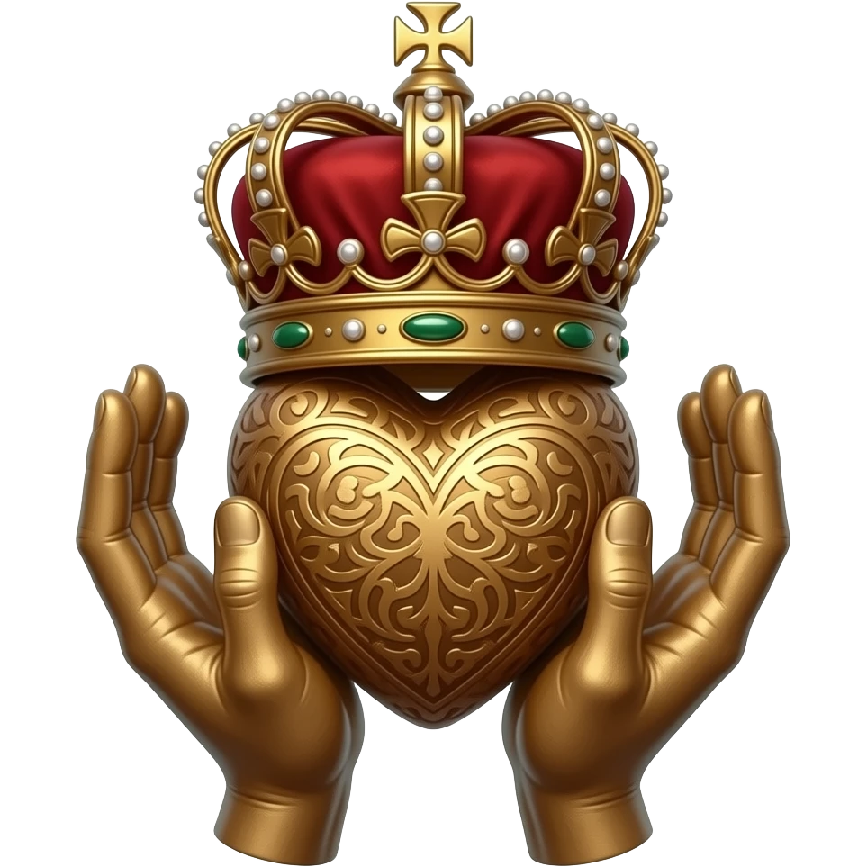 two bronze palms holding with their fingertips a bronze heart richly ornamented with arabesques and a richly decorated royal crown, dramatic lighting - backlight emoji