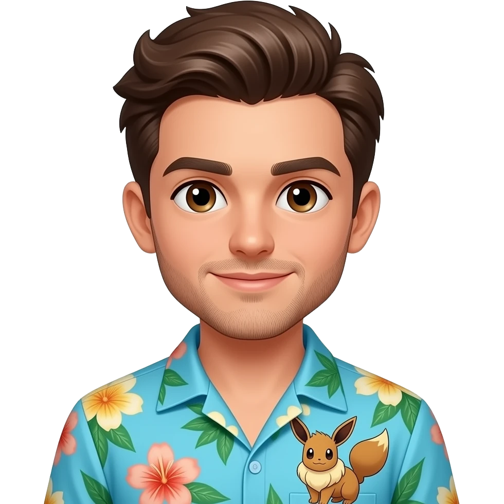 Cute pale skinned guy wearing Hawaiian shirt with brown hair and brown eyes and light facial hair with hair parted to the right side and Eevee Pokemon emoji