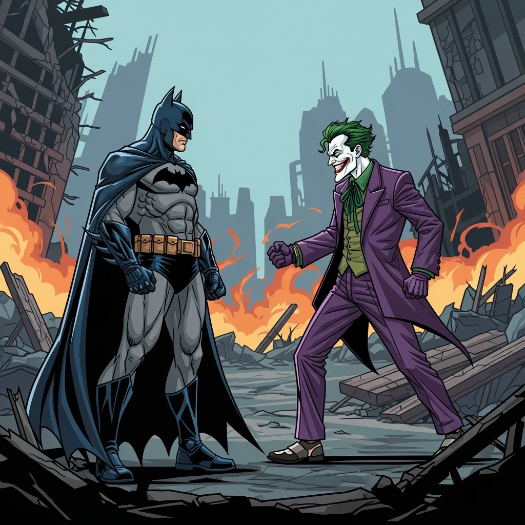 vector art of batman and joker, battleground background 
 emoji