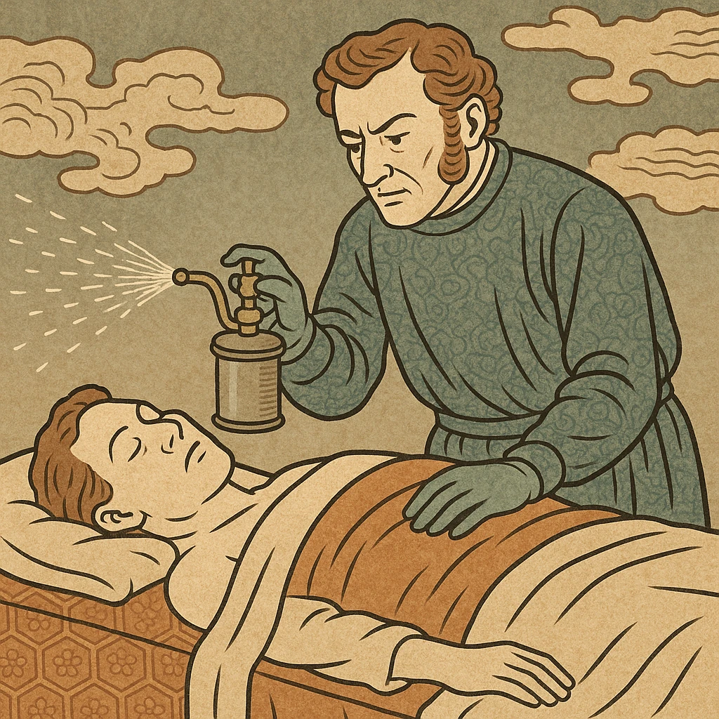 A victorian surgeon using a carbolic spray and wearing a gown operating on a patient who is asleep emoji