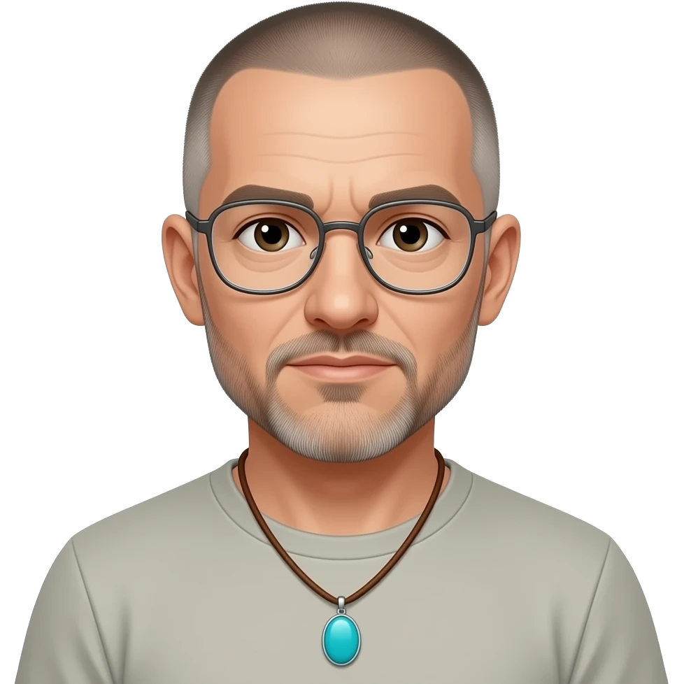 pointed chin pointed chin haved face pendant without a clasp Turquoise on brown paracord t shirt shaved grey short hair full-length photo of extreme streetwear clean-shaven face cool boy thin metal-framed glasses very entellectual man, 52 years old street wear stubble, shaved short with clippers emoji