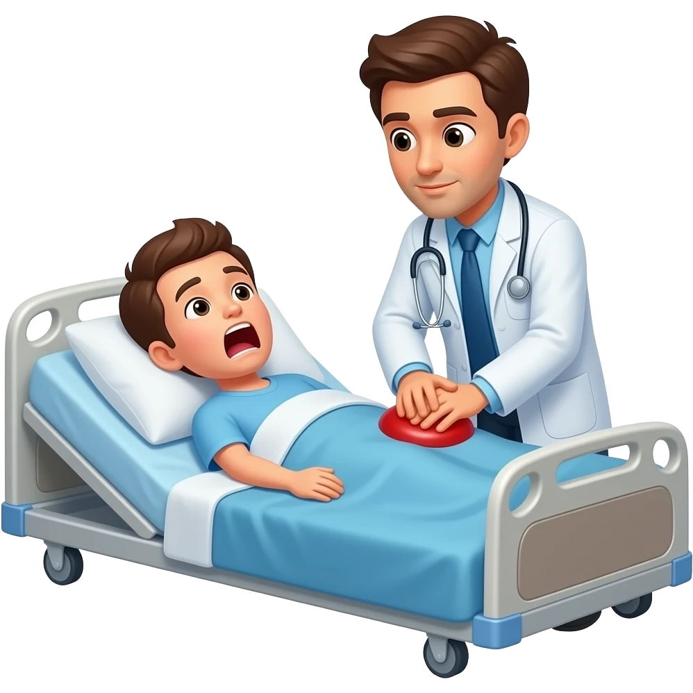 person laying in hospital bed. a doctor is trying to perform CPR. the person laying in the bed is saying "NO! STOP!" emoji