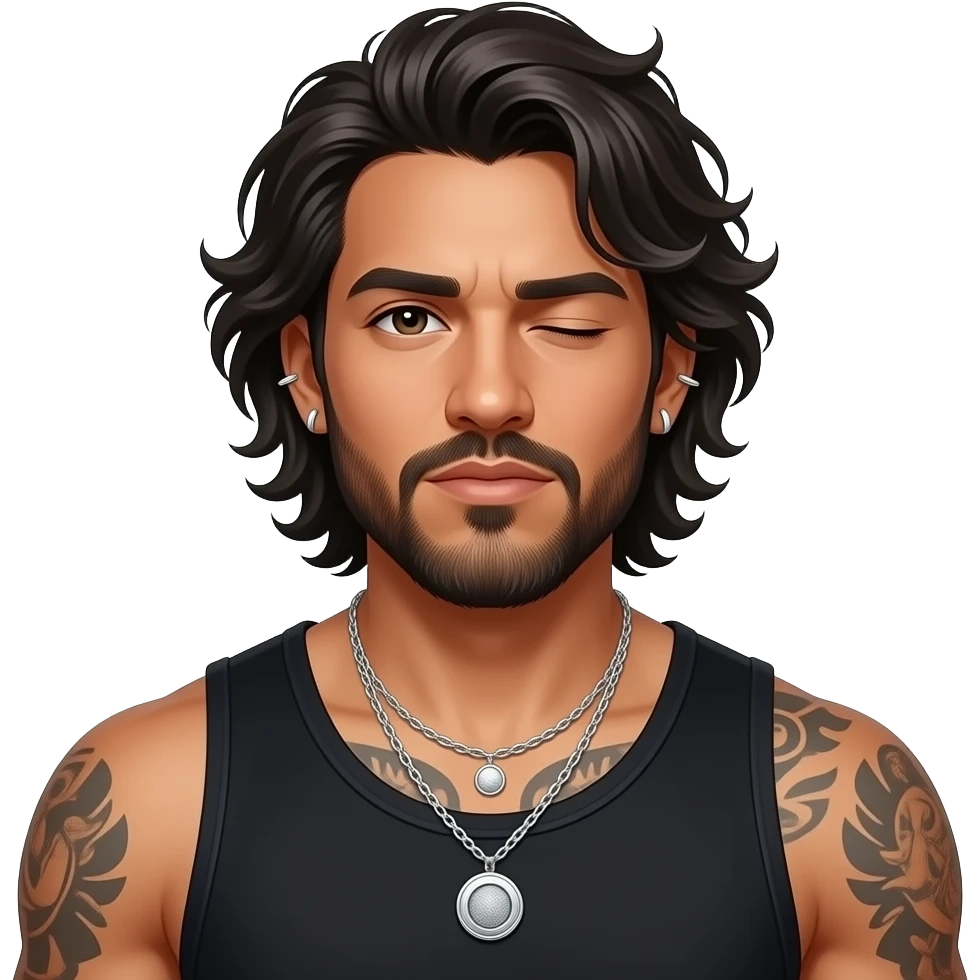 handsome, manly Latino podcast host with black colored eyes wearing a black tank top with silver jewelry, with medium length hair, a very long, lightly graying beard and tattoos, his ear and nose pierced, his hair is a disheveled because he just woke up, eyes barely open emoji