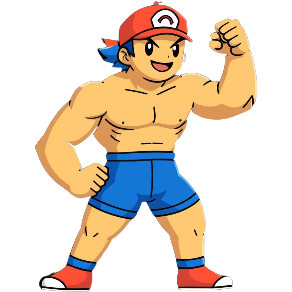 Hot handsomeb muscular 6ft 5inch tall smiling happy fun shirtless Ash Ketchum one fist raised in celebration the other hand on his thigh emoji