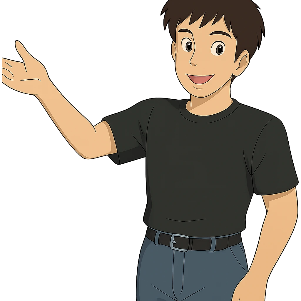 Create a Ghibli style man in the same outfit and appearance as the reference image, gesturing with one arm as if welcoming someone, with a friendly expression. Show the full head visible. Background should be transparent. emoji