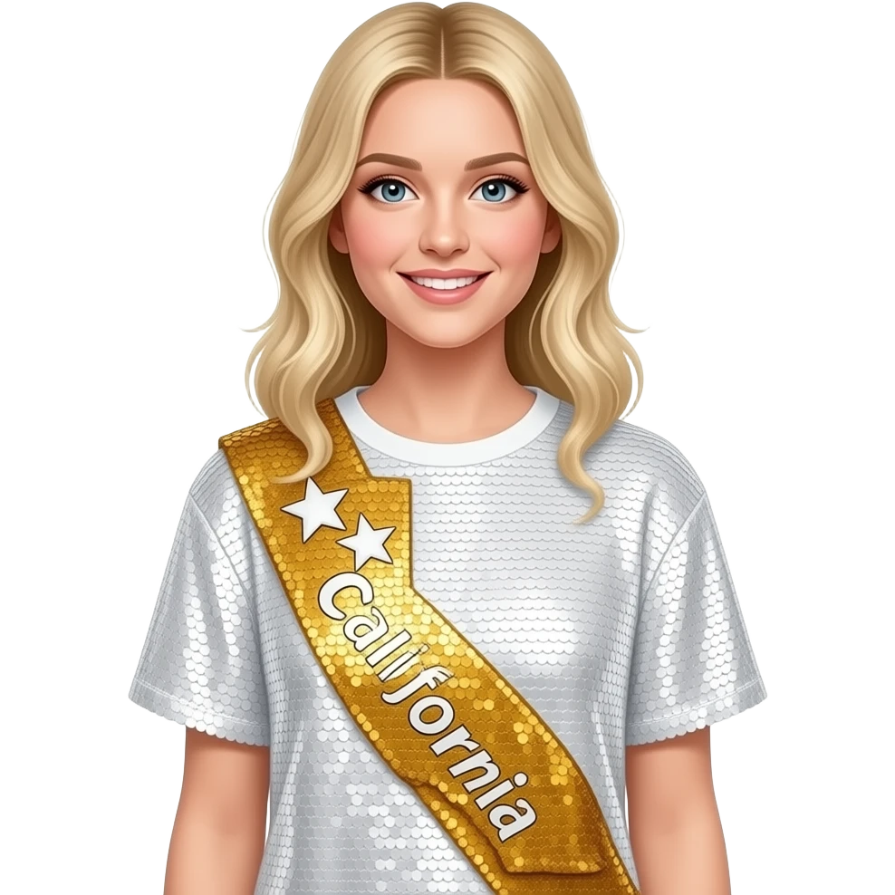Sabrina Carpenter blonde wears an oversized sequined T-shirt dress in a crisp white and metallic gold color palette. a prominent gold sequin sash detail in the shape of California , featuring two small white stars. The word "California" below it emoji