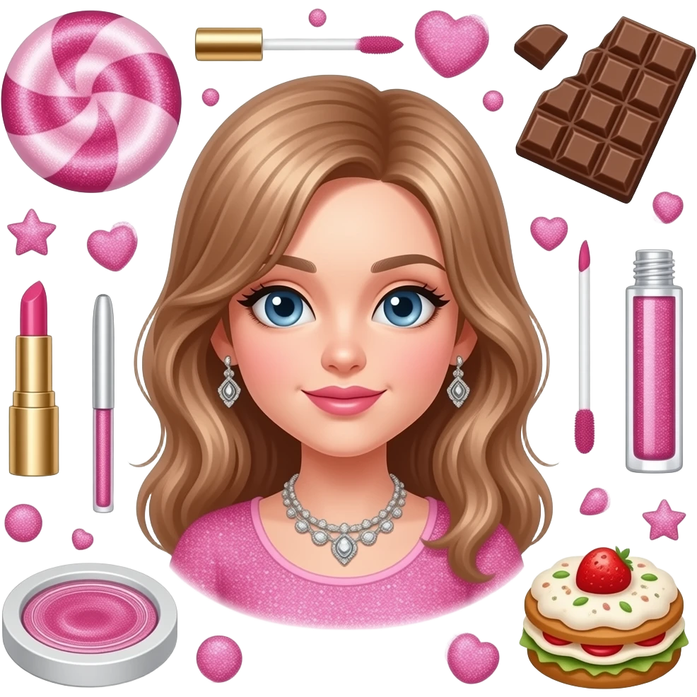 Pink Glitter sparkling candy   an chocolate and lipstick and lipgloss, electronics , makeup, beauty products,  Jewellery, Food, and a girl emoji