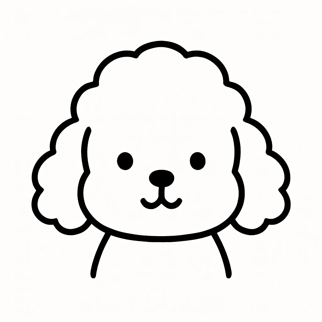 minimalist kawaii line art of a poodle-like dog head with a large, round, fluffy head, puffy curly ears hanging down, very simple face with two dot eyes, tiny round nose, upside-down 'Y' mouth. thick, bold, clean black lines on white, symmetrical, calm and sweet expression. no color or shading, just black linework. slightly hand-drawn but polished, child-friendly. emoji