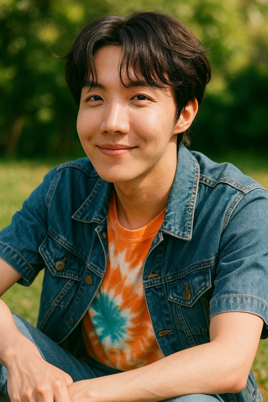 J-hope in a candid, relaxed pose with a gentle smile, natural and vibrant style similar to the reference images emoji