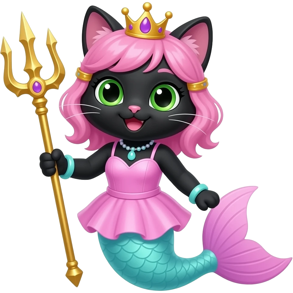 Black kitten smiling with pink hair  green eyes golden crown with light purple necklace light cyan braclets pink dress with pink skirt attached to cyan mermaid tail with pink tail fins holding a golden trident sonic x style version emoji