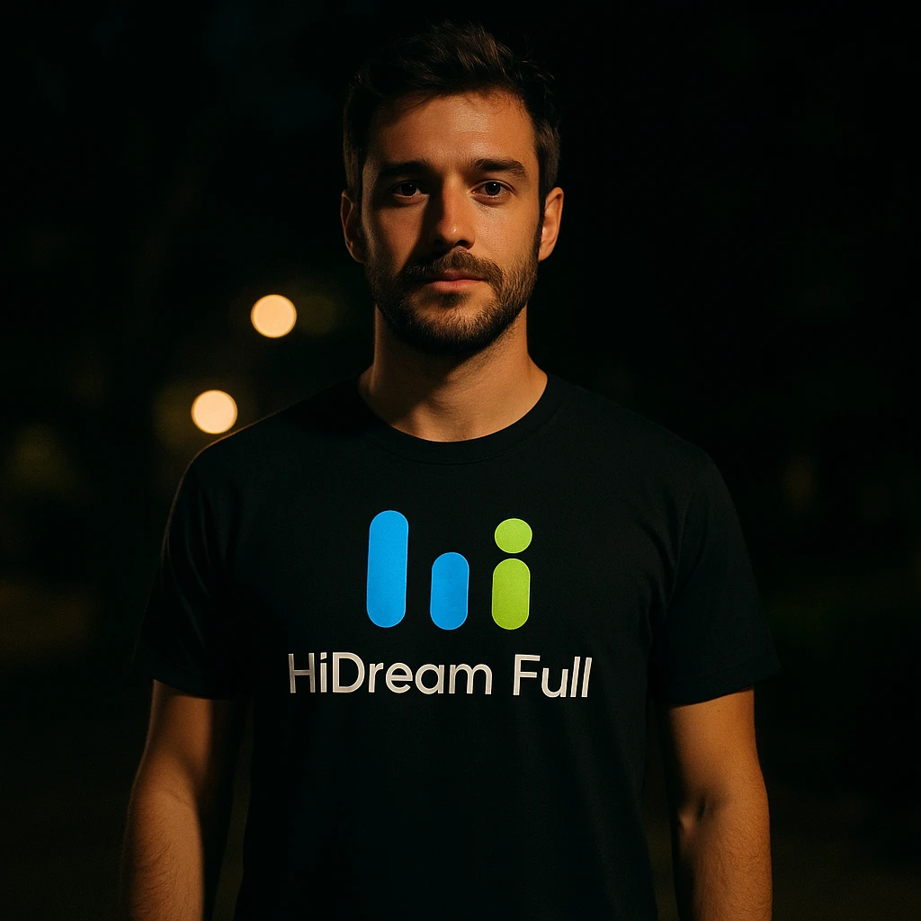man wearing tshirt with this logo, dark night background with dim lights emoji