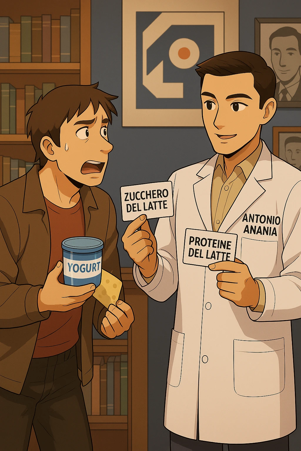 fai un webtoon manga a colori con questo stile, in cui un uomo fa una domanda al kinesiologo con il camice bianco (fagli anche la scritta "ANTONIO ANANIA" SUL CAMICE, l'uomo chiede una cosa mostrando un formaggio e uno yogurt al kinesiologo con il camice, IL KINESIOLOGO annuisce e SPIEGA ALL'UOMO UNA cos. L'UOMO ha un ESPRESSIONE CONFUSA IN VOLTO. non fare i fumetti però, fai solo in modo che sembri stiano parlando emoji