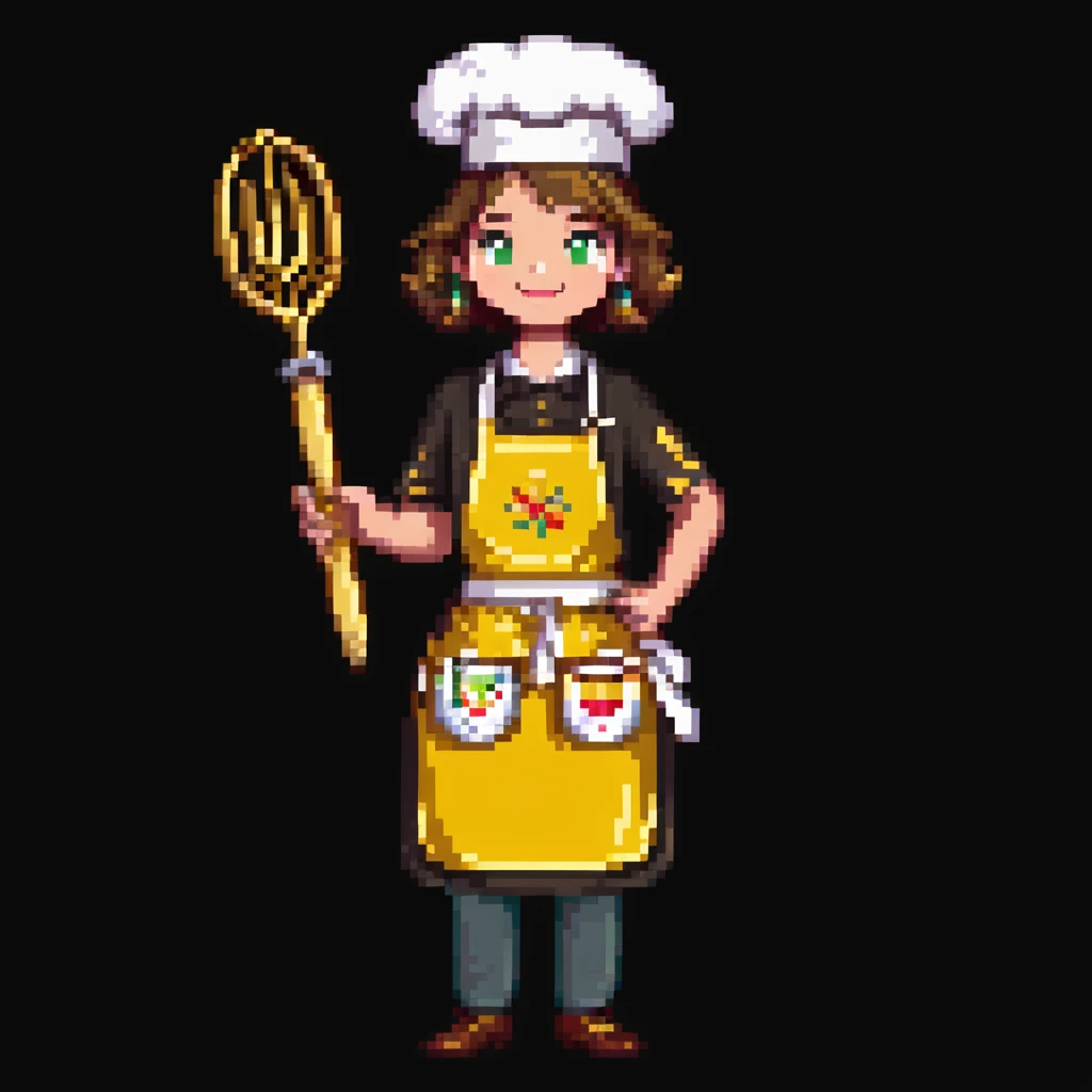 Portrait of a proud baker with a golden apron and embroidered details, holding a polished whisk, skeuomorphism style emoji