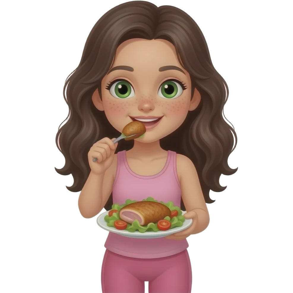 young girl in the style of iphone emoji people, fair skin, green eyes, freckles,long dark brown wavy hair, pink tank top and pink leggings, eats healthy food, chicken steak and salad emoji