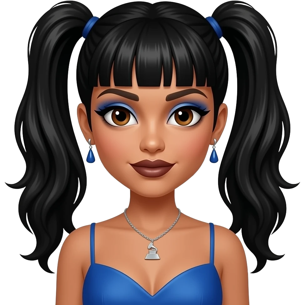 Lisa Left Eye Lopes from TLC with brown eyes, black two high ponytail hair with bang, blue eyeshadow, dark brown lipstick, blue grammy dress, necklace and earrings emoji