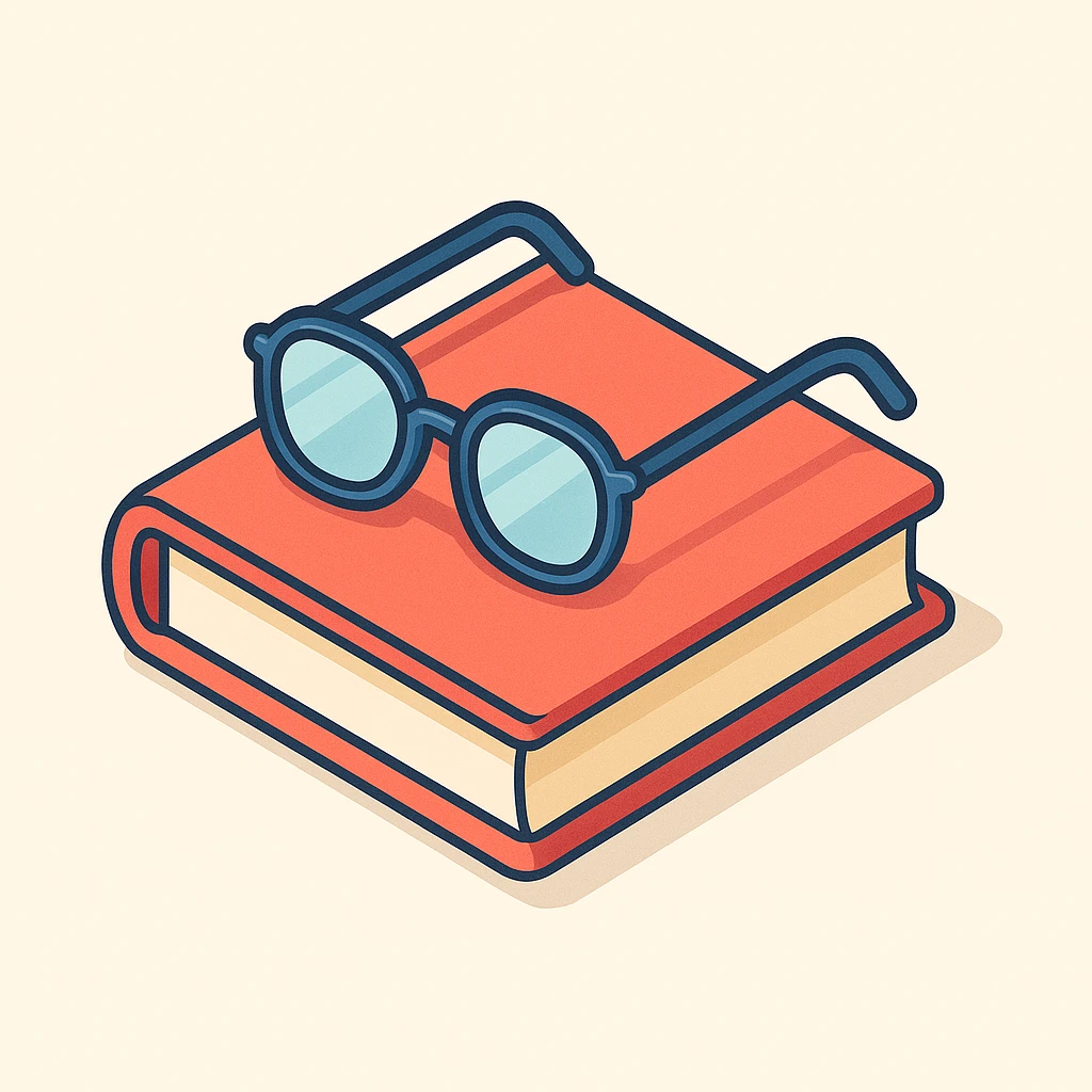 A book with glasses lying on it, symbolizing knowledge, self-development, and mindfulness, in 2D isometric style, simple form, clear shadows and highlights emoji