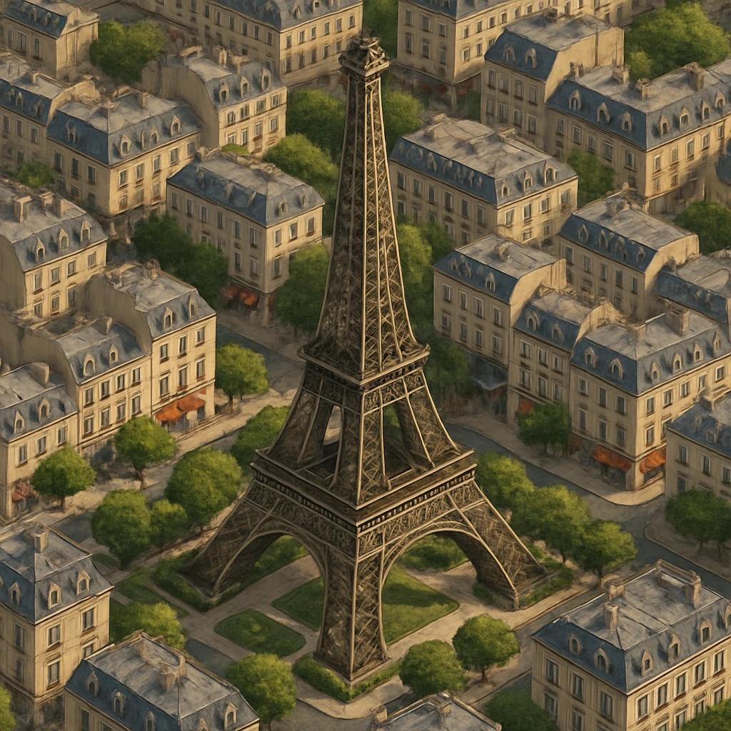 Isometric illustration of Paris, featuring the photorealistic Eiffel Tower surrounded by small Parisian buildings and trees, highly detailed in semi-realistic style emoji